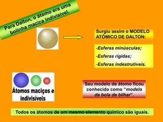 Surgiu assim o MODELO
                                 ATÔMICO DE DALTON:

                                 -Esferas minúsculas;
                                 -Esferas rígidas;
                                 -Esferas indestrutíveis.



                             Seu modelo de átomo ficou
                              conhecido como “modelo
                                 da bola de bilhar”.


Todos os átomos de um mesmo elemento químico são iguais.
 