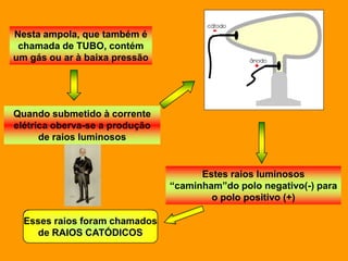 Nesta ampola, que também é
 chamada de TUBO, contém
um gás ou ar à baixa pressão




Quando submetido à corrente
elétrica oberva-se a produção
      de raios luminosos


                                      Estes raios luminosos
                                “caminham”do polo negativo(-) para
                                        o polo positivo (+)

  Esses raios foram chamados
    de RAIOS CATÓDICOS
 