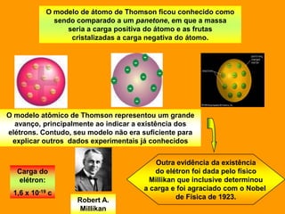 O modelo de átomo de Thomson ficou conhecido como
              sendo comparado a um panetone, em que a massa
                 seria a carga positiva do átomo e as frutas
                  cristalizadas a carga negativa do átomo.




O modelo atômico de Thomson representou um grande
  avanço, principalmente ao indicar a existência dos
elétrons. Contudo, seu modelo não era suficiente para
 explicar outros dados experimentais já conhecidos


                                          Outra evidência da existência
   Carga do                              do elétron foi dada pelo físico
   elétron:                             Millikan que inclusive determinou
                                      a carga e foi agraciado com o Nobel
 1,6 x 10-19 c
                    Robert A.                   de Física de 1923.
                     Millikan
 