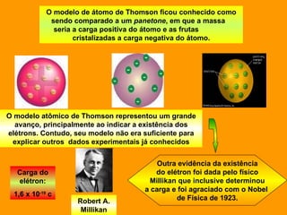 O modelo de átomo de Thomson ficou conhecido como sendo comparado a um  panetone , em que a massa  seria a carga positiva do átomo e as frutas  cristalizadas a carga negativa do átomo. O modelo atômico de Thomson representou um grande avanço, principalmente ao indicar a existência dos elétrons. Contudo, seu modelo não era suficiente para explicar outros  dados experimentais já conhecidos Outra evidência da existência do elétron foi dada pelo físico Millikan que inclusive determinou a carga e foi agraciado com o Nobel  de Física de 1923. Robert A. Millikan Carga do elétron: 1,6 x 10 -19  c 