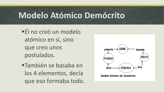 Modelo Atómico Demócrito
Él no creó un modelo
atómico en sí, sino
que creo unos
postulados.
También se basaba en
los 4 elementos, decía
que eso formaba todo.
 