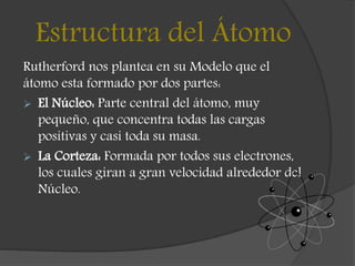 Estructura del Átomo
Rutherford nos plantea en su Modelo que el
átomo esta formado por dos partes:
 El Núcleo: Parte cent...