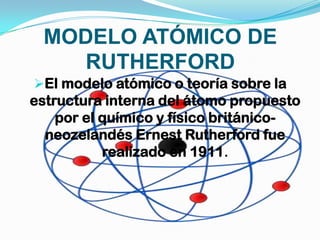 MODELO ATÓMICO DE
RUTHERFORD
El modelo atómico o teoría sobre la

estructura interna del átomo propuesto
por el químico y físico britániconeozelandés Ernest Rutherford fue
realizado en 1911.

 