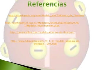 http://es.wikipedia.org/wiki/Modelo_at%C3%B3mico_de_Thomson
http://www.rabfis15.uco.es/Modelos%20At%C3%B3micos%20.NE
T/Modelos/ModThomson.aspx
http://quimicalibre.com/modelo-atomico-de-thomson/
http://www.fullquimica.com/2011/03/modelo-atomico-dethomson-1904.html

 