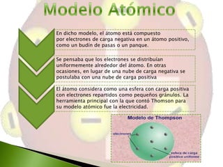 En dicho modelo, el átomo está compuesto
por electrones de carga negativa en un átomo positivo,
como un budín de pasas o un panque.
Se pensaba que los electrones se distribuían
uniformemente alrededor del átomo. En otras
ocasiones, en lugar de una nube de carga negativa se
postulaba con una nube de carga positiva
El átomo considera como una esfera con carga positiva
con electrones repartidos como pequeños gránulos. La
herramienta principal con la que contó Thomson para
su modelo atómico fue la electricidad.

 