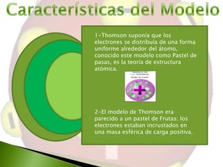 1-Thomson suponía que los
electrones se distribuía de una forma
uniforme alrededor del átomo,
conocido este modelo como Pastel de
pasas, es la teoría de estructura
atómica.

2-El modelo de Thomson era
parecido a un pastel de Frutas: los
electrones estaban incrustados en
una masa esférica de carga positiva.

 