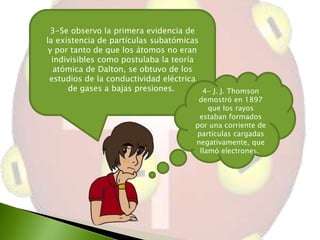 3-Se observo la primera evidencia de
la existencia de partículas subatómicas
y por tanto de que los átomos no eran
indivisibles como postulaba la teoría
atómica de Dalton, se obtuvo de los
estudios de la conductividad eléctrica
de gases a bajas presiones.
4- J. J. Thomson

demostró en 1897
que los rayos
estaban formados
por una corriente de
partículas cargadas
negativamente, que
llamó electrones.

 
