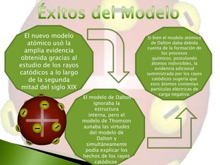 El nuevo modelo
atómico usó la
amplia evidencia
obtenida gracias al
estudio de los rayos
catódicos a lo largo
de la segunda
mitad del siglo XIX
El modelo de Dalton
ignoraba la
estructura
interna, pero el
modelo de Thomson
aunaba las virtudes
del modelo de
Dalton y
simultáneamente
podía explicar los
hechos de los rayos
catódicos.

Si bien el modelo atómico
de Dalton daba debida
cuenta de la formación de
los procesos
químicos, postulando
átomos indivisibles, la
evidencia adicional
suministrada por los rayos
catódicos sugería que
esos átomos contenían
partículas eléctricas de
carga negativa.

 