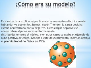 Esta estructura explicaba que la materia era neutra eléctricamente
hablando, ya que en los átomos, según Thomson la carga positiva
estaba neutralizada por la negativa. Estas cargas negativas se
encontraban algunas veces uniformemente
distribuidas entorno al núcleo, y en otros casos se usaba el ejemplo de
nube positiva de carga. Gracias a este descubrimiento Thomson recibió
el premio Nobel de Física en 1906.
 