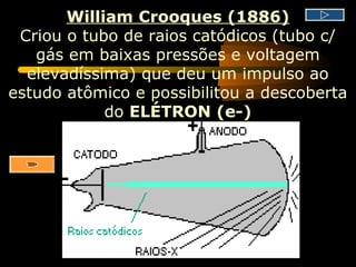 William Crooques (1886)
 Criou o tubo de raios catódicos (tubo c/
   gás em baixas pressões e voltagem
  elevadíssima) que deu um impulso ao
estudo atômico e possibilitou a descoberta
            do ELÉTRON (e-)
 