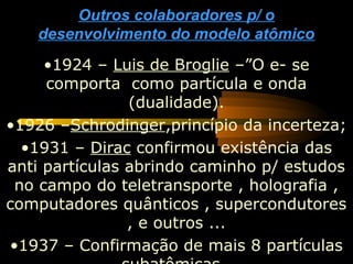 Outros colaboradores p/ o
   desenvolvimento do modelo atômico
     •1924 – Luis de Broglie –”O e- se
     comporta como partícula e onda
                (dualidade).
•1926 –Schrodinger,princípio da incerteza;
  •1931 – Dirac confirmou existência das
anti partículas abrindo caminho p/ estudos
 no campo do teletransporte , holografia ,
computadores quânticos , supercondutores
                , e outros ...
•1937 – Confirmação de mais 8 partículas
 