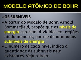 
A partir do Modelo de Bohr, Arnold
 Sommerfield, propôs que os níveis de
 energia estariam divididos em regiões
 ainda menores, por ele denominadas
 subníveis de energia.
O número de cada nível indica a
 quantidade de subníveis nele
 existentes. Veja tabela.
 