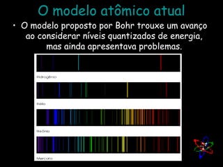 O modelo atômico atual
• O modelo proposto por Bohr trouxe um avanço
ao considerar níveis quantizados de energia,
mas ainda apresentava problemas.
 