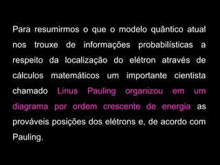 Para resumirmos o que o modelo quântico atual
nos trouxe de informações probabilísticas a
respeito da localização do elétron através de
cálculos matemáticos um importante cientista
chamado Linus Pauling organizou em um
diagrama por ordem crescente de energia as
prováveis posições dos elétrons e, de acordo com
Pauling.
 