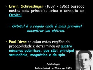 • Erwin Schroedinger (1887 - 1961) baseado
nestes dois princípios criou o conceito de
Orbital.
• Orbital é a região onde é mais provável
encontrar um elétron.
• Paul Dirac calculou estas regiões de
probabilidade e determinou os quatro
números quânticos, que são: principal,
secundário, magnético e de spin.
Schöndinger
Prêmio Nobel da Física em 1933
 