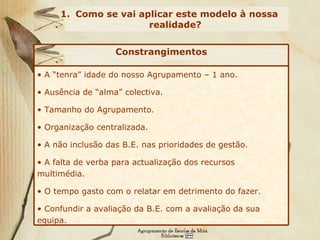 Como se vai aplicar este modelo à nossa realidade? A “tenra” idade do nosso Agrupamento – 1 ano. Ausência de “alma” colectiva.  Tamanho do Agrupamento.  Organização centralizada. A não inclusão das B.E. nas prioridades de gestão. A falta de verba para actualização dos recursos multimédia.  O tempo gasto com o relatar em detrimento do fazer. Confundir a avaliação da B.E. com a avaliação da sua equipa. Constrangimentos 