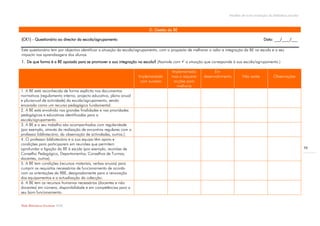 Modelo de auto-avaliação da biblioteca escolar



                                                                          D. Gestão da BE

(CK1) - Questionário ao director da escola/agrupamento                                                                                         Data: ___/____/___

Este questionário tem por objectivo identificar a situação da escola/agrupamento, com o propósito de melhorar o valor e integração da BE na escola e o seu
impacto nas aprendizagens dos alunos.
1. De que forma é a BE apoiada para se promover a sua integração na escola? (Assinale com  a situação que corresponde à sua escola/agrupamento.)

                                                                                       Implementado             Em
                                                                    Implementado       mas a requerer     desenvolvimento        Não existe           Observações
                                                                     com sucesso        acções para
                                                                                         melhoria
1. A BE está reconhecida de forma explícita nos documentos
normativos (regulamento interno, projecto educativo, plano anual
e plurianual de actividade) da escola/agrupamento, sendo
encarada como um recurso pedagógico fundamental.
2. A BE está envolvida nas grandes finalidades e nas prioridades
pedagógicas e educativas identificadas para a
escola/agrupamento.
3. A BE e o seu trabalho são acompanhados com regularidade
(por exemplo, através da realização de encontros regulares com o
professor bibliotecário, da observação de actividades, outros.).
4. O professor bibliotecário e a sua equipa têm apoio e
condições para participarem em reuniões que permitem
aprofundar a ligação da BE à escola (por exemplo, reuniões de                                                                                                             98
Conselho Pedagógico, Departamentos, Conselhos de Turmas,
docentes, outros).
5. A BE tem condições (recursos materiais, verbas anuais) para
cumprir os requisitos necessários de funcionamento de acordo
com as orientações da RBE, designadamente para a renovação
dos equipamentos e a actualização da colecção.
6. A BE tem os recursos humanos necessários (docentes e não
docentes) em número, disponibilidade e em competências para o
seu bom funcionamento.


Rede Bibliotecas Escolares 2009
 