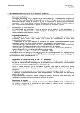 Relatório Ambiental do PPRA                                                                  Data: xx/yy/06
                                                                                                   Pág.: 9 /26




6 - METODOLOGIA DE AVALIAÇÃO PARA AGENTES QUÍMICOS

        Laboratório de Análises
        As análises laboratoriais, para a Determinação de Poeiras Metálicas e Fumos Metálicos, são realizadas
        pelo CTA (Centro de Tecnologia Ambiental) que mantém um Programa de Controle de Qualidade
        Interlaboratorial para análise de metais no ar com os laboratórios da American Industrial Hygiene
        Association - AIHA, e do National Institute of Occupational Health and Safety - NIOSH, ambos nos
        EUA, e com o Instituto de Seguridad e Higiene En El Trabajo, em Barcelona - Espanha.

6.1 -   Determinação de Gases e Vapores
        Em conformidade com a Portaria no 3.214, de 08/06/78, NR-15, Anexo no 11 em seu Quadro no 1,
        Anexo no 13 em Hidrocarbonetos e outros Compostos de Carbono e a American Conference of
        Governmental Industrial Hygienists - ACGIH.

        Equipamentos Analíticos
        - Cromatógrafo a gás com Detector de ionização em chama e espectrofotômetro de massas
        quadrupolo, marca Perkin Elmer modelo Auto System XL (cromatógrafo) e Turbo Mass
        (espectrofotômetro de massas);
        - Cromatógrafo a gás com Detector de ionização em chama e espectrofotômetro de massas
        quadrupolo, marca Perkin Elmer modelo Clarus 500 (cromatógrafo e espectrofotômetro);
        - Cromatógrafo a gás com Detector ECD e TSD e espectrofotômetro de massas íon trap, marca Varian
        modelo CP-3800 (cromatógrafo) e Saturn-2200 (espectrofotômetro de massas);
        - Cromatógrafo a gás com Detector de ionização em chama marca CG - Master modelo CG-Master;
        - Dessorvedor térmico (ATD) marca Perkin Elmer modelo ATD 400
        - Purge and Trap marca Tekmar modelo Tekmar 2016, 2031 e 3000
   - Cromatógrafo a gás com Detector de ionização em chama exclusivamente utilizado para análise qualitativa
   microbiológica no ar, marca Agilent modelo 6850 Series II, método Agilent sistema de identificação de
   micro-organismos (MIDI) Sherlock (técnica 101)

        Metodologia de Coleta com Tubos de VOC*, DT** e Especiais***
        As bombas de amostragem pessoal devem ser afixadas na cintura do trabalhador, através de um cinto,
        em posição que não atrapalhe a operação que ele estiver realizando e que permita o acompanhamento
        do funcionamento das bombas pelo profissional de segurança.
        Utilizar o coletor apropriado com a metodologia do analito. Este deve ser conectado a bomba,
        obedecendo ao fluxo de ar indicado pela seta no coletor, e posicionado na zona de respiração do
        trabalhador.
        Os tubos, no momento da coleta, devem estar com a entrada de amostragem voltada para baixo.
        A mangueira de amostragem não deve sofrer estrangulamento e o coletor deve ficar em posição
        oposta à da bomba.
        O equipamento deve ser ligado e durante o tempo de operação devem ser feitas observações com
        relação a seu funcionamento e com relação ao ambiente de trabalho.

        Metodologia de Análises
        Cada substância coletada será analisada de acordo com o Método NIOSH indicado em tabela abaixo
        ou, quando a substância for desconhecida, será aplicado o método NIOSH 1501aplicado na
        identificação dos Hidrocarbonetos.
 