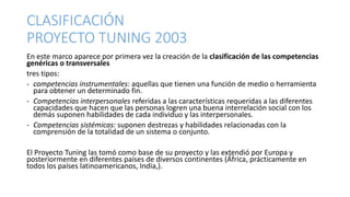 CLASIFICACIÓN
PROYECTO TUNING 2003
En este marco aparece por primera vez la creación de la clasificación de las competencias
genéricas o transversales
tres tipos:
- competencias instrumentales: aquellas que tienen una función de medio o herramienta
para obtener un determinado fin.
- Competencias interpersonales referidas a las características requeridas a las diferentes
capacidades que hacen que las personas logren una buena interrelación social con los
demás suponen habilidades de cada individuo y las interpersonales.
- Competencias sistémicas: suponen destrezas y habilidades relacionadas con la
comprensión de la totalidad de un sistema o conjunto.
El Proyecto Tuning las tomó como base de su proyecto y las extendió por Europa y
posteriormente en diferentes países de diversos continentes (África, prácticamente en
todos los países latinoamericanos, India,).
 