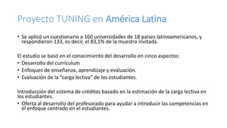 Proyecto TUNING en América Latina
• Se aplicó un cuestionario a 160 universidades de 18 países latinoamericanos, y
respondieron 133, es decir, el 83,1% de la muestra invitada.
El estudio se basó en el conocimiento del desarrollo en cinco aspectos:
• Desarrollo del currículum
• Enfoques de enseñanza, aprendizaje y evaluación.
• Evaluación de la “carga lectiva” de los estudiantes.
Introducción del sistema de créditos basado en la estimación de la carga lectiva en
los estudiantes.
• Oferta al desarrollo del profesorado para ayudar a introducir las competencias en
el enfoque centrado en el estudiantes.
 