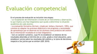 Evaluación competencial
En el proceso de evaluación se incluirán tres etapas:
- La recopilación de información a través de un instrumento u observación,
lo que implica una fase diagnóstica que ayuda a determinar la situación
académica de cada alumno.
- La evaluación formativa (Scriven, citado por Jorbas y Sanmartí, 1993), que
consiste en adaptar los procesos didácticos a los progresos y necesidades
de aprendizaje que se observan en los alumnos como producto del análisis
de la información recabada en la fase diagnóstica.
- Con un carácter sumativo, cuyo fin es establecer un balance de los
resultados obtenidos al término de un ciclo, grado o nivel educativo, para
establecer juicios sobre los resultados del análisis y, la toma de decisiones
respecto a los juicios que se emiten (SEP, 2010)
 