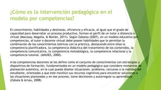 ¿Cómo es la intervención pedagógica en el
modelo por competencias?
El conocimiento, habilidades y destrezas, eficiencia y eficacia, al igual que el grado de
capacidad para desarrollar un proceso productivo, forman el perfil de un tutor a distancia o
virtual (Macosay, Magaña, & Román, 2011). Según Zabalza (2007), en un modelo educativo por
competencias, el tutor o docente virtual debe poseer habilidades que le permitan la
combinación de los conocimientos teóricos con la práctica, destacando entre ellas la
competencia planificadora, la competencia didáctica del tratamiento de los contenidos, la
competencia comunicativa, la competencia metodológica, la competencia relacional y la
competencia tutorial. (ANUIES, 2000).
A las competencias docentes se les define como el conjunto de conocimientos con estrategias y
dispositivos de formación, fundamentados en un modelo pedagógico que considere momentos de
planeación auténtica, en la cual pueda diseñar situaciones– problema, cercanas a la realidad del
estudiante, orientadas a que éste movilice sus recursos cognitivos para encontrar soluciones a
las situaciones planteadas y en ese proceso, tome decisiones y autorregule su aprendizaje
(Zabala & Arnau, 2008)
 