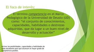 El foco de interés:
El término competencia en el Marco
Pedagógico de la Universidad de Deusto (UD)
como: “el conjunto de conocimientos,
capacidades, habilidades o destrezas
adquiridas, que da lugar a un buen nivel de
desarrollo y actuación”
Activar las posibilidades, capacidades y habilidades de
cada estudiante para que alcancen el mayor grado de
competencia posible.
 