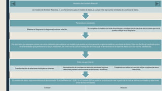 El modelo de datos más extendido es el denominado ‘‘Entidad Relación’’ (E/R). En el modelo E/R se parte de una situación real a partir de la cual se definen entidades y relaciones
entre dichas entidades:
Entidad Relación
Esto nos permite la:
Transformación de relaciones múltiples en binarias.
Normalización de una base de datos de relaciones (algunas
relaciones pueden transformarse en atributos y viceversa).
Conversión en tablas (en caso de utilizar una base de datos
relacional).
Por otro lado, es necesario contar con otros métodos para obtener un modelo que pueda ser directamente implementable en una base de datos. Esta nos facilita el resultado entre
otras entidades que pertenecen a las ya existentes, de forma en la cual se maneje los archivos que se almacenan en la base de datos con una norma establecida.
Para esto es necesario:
Elaborar el diagrama (o diagramas) entidad-relación.
Se completa el modelo con listas de atributos y una descripción de otras restricciones que no se
pueden reflejar en el diagrama.
Modelos de Entidad-Relación
Un modelo de (Entidad-Relación), es una herramienta para el modelo de datos, la cual permite representar entidades de una Base de Datos.
 