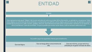 Se pueden seguir los siguientes criterios para establecerlo:
Que sea lógica.
Que se tenga pleno conocimiento de
ella.
Que sea mínima, ya que será muy
utilizada por el gestor de base de datos.
Este representa todo aquel ‘‘Objeto’’ del mundo real sobre el cual se va a tratar dicha información, un ejemplo es: una persona.Todos
estos objetos se conforman de ciertos atributos o componentes que definen a dicho objeto, para el mismo caso de ejemplo es: para le
entidad de la persona es su DNI, nombre, apellido, dirección. Normalmente de todos estos componentes o atributos no se repetirán, a
dicho se le llamara ‘‘clave de la entidad’’.Ya que es posible que existan varias claves y solo es necesario seleccionar una.
Entidad:
ENTIDAD
 