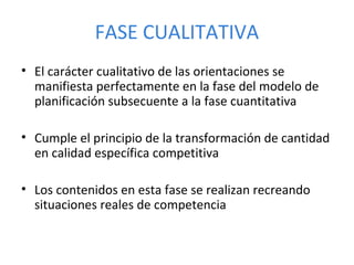 • El carácter cualitativo de las orientaciones se
manifiesta perfectamente en la fase del modelo de
planificación subsecuente a la fase cuantitativa
• Cumple el principio de la transformación de cantidad
en calidad específica competitiva
• Los contenidos en esta fase se realizan recreando
situaciones reales de competencia
FASE CUALITATIVA
 