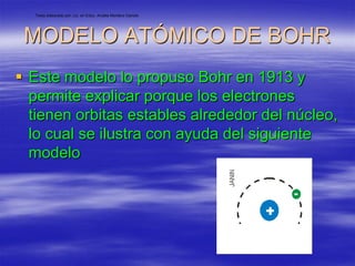 Texto elaborado por: Lic. en Educ. Arcelia Montero Garcés




 MODELO ATÓMICO DE BOHR
 Este modelo lo propuso Bohr en 1913 y
  permite explicar porque los electrones
  tienen orbitas estables alrededor del núcleo,
  lo cual se ilustra con ayuda del siguiente
  modelo
 