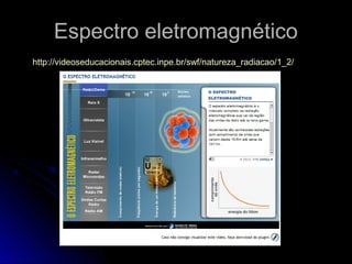 Espectro eletromagnéticoEspectro eletromagnético
http://videoseducacionais.cptec.inpe.br/swf/natureza_radiacao/1_2/
 