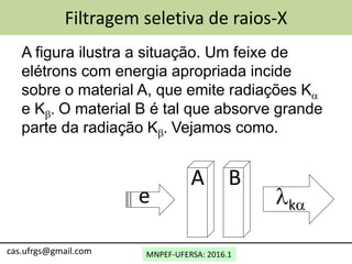 MNPEF-UFERSA: 2016.1cas.ufrgs@gmail.com
Filtragem seletiva de raios-X
A figura ilustra a situação. Um feixe de
elétrons com energia apropriada incide
sobre o material A, que emite radiações Ka
e Kb. O material B é tal que absorve grande
parte da radiação Kb. Vejamos como.
lkae
A B
 