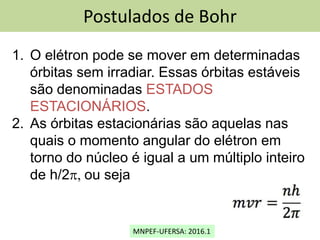 MNPEF-UFERSA: 2016.1
Postulados de Bohr
1. O elétron pode se mover em determinadas
órbitas sem irradiar. Essas órbitas estáveis
são denominadas ESTADOS
ESTACIONÁRIOS.
2. As órbitas estacionárias são aquelas nas
quais o momento angular do elétron em
torno do núcleo é igual a um múltiplo inteiro
de h/2p, ou seja
 