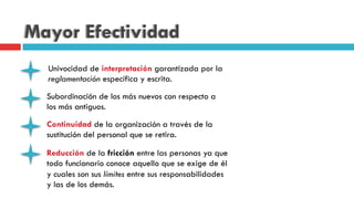 Mayor Efectividad
Univocidad de interpretación garantizada por la
reglamentación específica y escrita.
Continuidad de la organización a través de la
sustitución del personal que se retira.
Reducción de la fricción entre las personas ya que
todo funcionario conoce aquello que se exige de él
y cuales son sus límites entre sus responsabilidades
y las de los demás.
Subordinación de los más nuevos con respecto a
los más antiguos.
 