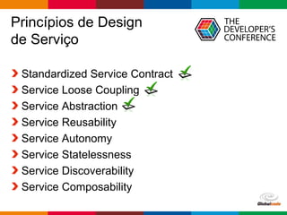 Globalcode – Open4education
Princípios de Design
de Serviço
Standardized Service Contract
Service Loose Coupling
Service Abstraction
Service Reusability
Service Autonomy
Service Statelessness
Service Discoverability
Service Composability
 