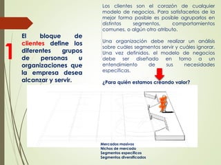 El bloque de
clientes define los
diferentes grupos
de personas u
organizaciones que
la empresa desea
alcanzar y servir.
Los clientes son el corazón de cualquier
modelo de negocios. Para satisfacerlos de la
mejor forma posible es posible agruparlos en
distintos segmentos, comportamientos
comunes, o algún otro atributo.
Una organización debe realizar un análisis
sobre cuáles segmentos servir y cuáles ignorar.
Una vez definidos, el modelo de negocios
debe ser diseñado en torno a un
entendimiento de sus necesidades
específicas.
¿Para quién estamos creando valor?
1
Mercados masivos
Nichos de mercado
Segmentos específicos
Segmentos diversificados
 