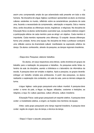 11
assim uma compreensão ampla de que adversidade está presente em toda a vida
humana. Na disciplina de Língua Inglesa o professor apresentará ao aluno as diversas
culturas existentes no mundo, refletindo sobre as características peculiares de cada
uma, focando a necessidade da compreensão, valorização e respeito. Sob a mesma
ótica, serão discutidas as diferenças raciais, lingüísticas e religiosas. Na disciplina de
Educação física os alunos serão levados a perceber que, os esportes coletivos exigem
a participação efetiva de cada membro para se atingir um objetivo. Cada membro é
importante. Cada membro representa uma diferença. O conjunto dessas diferenças
forma uma unidade, forma uma equipe. Na disciplina de Artes o professor conduzirá
uma reflexão acerca da diversidade cultural manifestada na expressão artística da
dança. Os alunos conhecerão, através da pesquisa, as danças regionais brasileiras.
- Etapa dois: Pesquisar, elaborar trabalhos
Os alunos, em seus respectivos anos letivos, serão divididos em grupos de
trabalho para a realização de pesquisas e trabalhos. As pesquisas serão feitas no
horário da aula da disciplina, usando a biblioteca e o laboratório de informática da
escola. A pesquisa deve ser simples e objetiva. Após a pesquisa, os grupos deverão
entregar um trabalho simples aos professores. A partir das pesquisas, os alunos
realizarão a explanação dos conteúdos, em sala de aula, para os demais colegas de
turma.
-Língua Inglesa: cada grupo pesquisará uma cultura mundial. A pesquisa deve
conter: o nome do país, a língua ou línguas utilizadas, costumes e tradições, as
religiões, a raça. Ex: cultura japonesa, cultura africana, cultura brasileira;
-Educação Física: cada grupo pesquisará um esporte coletivo. A pesquisa deve
conter: a modalidade coletiva, a origem, as funções dos membros da equipe;
-Artes: cada grupo pesquisará uma dança regional brasileira. A pesquisa deve
conter: região de origem, tipo de dança, a técnica da dança.
- Etapa 3: Expor o assunto pesquisado
 
