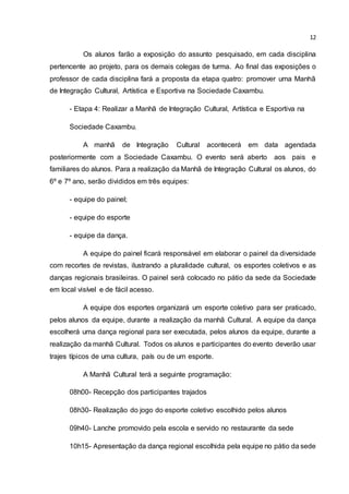 12
Os alunos farão a exposição do assunto pesquisado, em cada disciplina
pertencente ao projeto, para os demais colegas de turma. Ao final das exposições o
professor de cada disciplina fará a proposta da etapa quatro: promover uma Manhã
de Integração Cultural, Artística e Esportiva na Sociedade Caxambu.
- Etapa 4: Realizar a Manhã de Integração Cultural, Artística e Esportiva na
Sociedade Caxambu.
A manhã de Integração Cultural acontecerá em data agendada
posteriormente com a Sociedade Caxambu. O evento será aberto aos pais e
familiares do alunos. Para a realização da Manhã de Integração Cultural os alunos, do
6º e 7º ano, serão divididos em três equipes:
- equipe do painel;
- equipe do esporte
- equipe da dança.
A equipe do painel ficará responsável em elaborar o painel da diversidade
com recortes de revistas, ilustrando a pluralidade cultural, os esportes coletivos e as
danças regionais brasileiras. O painel será colocado no pátio da sede da Sociedade
em local visível e de fácil acesso.
A equipe dos esportes organizará um esporte coletivo para ser praticado,
pelos alunos da equipe, durante a realização da manhã Cultural. A equipe da dança
escolherá uma dança regional para ser executada, pelos alunos da equipe, durante a
realização da manhã Cultural. Todos os alunos e participantes do evento deverão usar
trajes típicos de uma cultura, país ou de um esporte.
A Manhã Cultural terá a seguinte programação:
08h00- Recepção dos participantes trajados
08h30- Realização do jogo do esporte coletivo escolhido pelos alunos
09h40- Lanche promovido pela escola e servido no restaurante da sede
10h15- Apresentação da dança regional escolhida pela equipe no pátio da sede
 