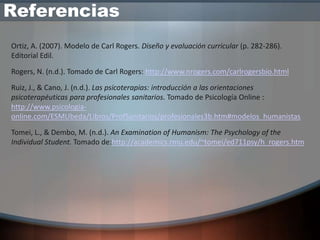 Referencias
Ortiz, A. (2007). Modelo de Carl Rogers. Diseño y evaluación curricular (p. 282-286).
Editorial Edil.

Rogers, N. (n.d.). Tomado de Carl Rogers: http://www.nrogers.com/carlrogersbio.html

Ruiz, J., & Cano, J. (n.d.). Las psicoterapias: introducción a las orientaciones
psicoterapéuticas para profesionales sanitarios. Tomado de Psicología Online :
http://www.psicologia-
online.com/ESMUbeda/Libros/ProfSanitarios/profesionales3b.htm#modelos_humanistas

Tomei, L., & Dembo, M. (n.d.). An Examination of Humanism: The Psychology of the
Individual Student. Tomado de:http://academics.rmu.edu/~tomei/ed711psy/h_rogers.htm
 