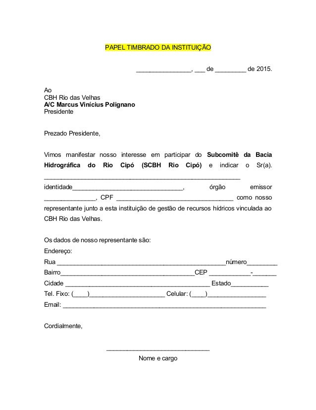 Modelo Carta de Indicação - SCBH Rio Cipó