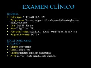 GENERAL
• Ectoscopia: ABEG,ABEH,ABEN
• Piel y anexos: Tez morena, poco hidratada, cabello bien implantado,
negro, ondulado.
• TCS : Mal distribuido
• Peso:93 kg Talla: 1.75
• Funciones vitales: P.A:117/82 Resp: 15xmin Pulso: 66 lat x min
• Psíquico elemental: LOTEP
LOCAL O REGIONAL
 CABEZA
• Cráneo: Mesocéfalo
• Cara: Mesoprosopo
• Cuello: cilíndrico corto, sin adenopatías
• ATM: desviación a la derecha en la apertura.
EXAMEN CLÍNICO
 