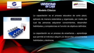 La capacitación es el proceso educativo de corto plazo,
aplicado de manera sistemática y organizada, por medio del
cual las personas adquieren conocimientos, desarrollan
habilidades y competencias en función de objetivos definidos
La capacitación es un proceso de enseñanza – aprendizaje
que permite al individuo adquirir y/o desarrollar conocimientos
habilidades y destrezas.
Modelo Clásico
 