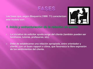Las fases que, según Bisquerra (1998: 71) caracterizan
este modelo son:
1. Inicio y estructuración de la relación de ayuda:
 La iniciativa de solicitar ayuda surge del cliente (también pueden ser
familiares, tutores, profesores, etc).
 Debe de establecerse una relación apropiada, entre orientador y
cliente, con un buen rapport o clima, que favorezca la libre expresión
de los sentimientos del cliente.
 