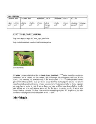 LOS PERROS
DEFINICION        NUTRICION             REPRODUCCION          ENFERMEDADES        RAZAS

¿Qué   ¿Cómo      ¿Cómo      ¿Cuáles    ¿Cómo       ¿Qué      ¿Cuáles   ¿Cómo     ¿Cuántas    ¿Cuáles
son?   son?       es?        son?       es?         tiempo    son?      son?      existen?    son?
                                                    dura?



       FUENTES DE INVESTIGACION

       http://es.wikipedia.org/wiki/Canis_lupus_familiaris

       http://cuidadomascotas.com/informacion-sobre-perros/




       Pastor alemán



       El perro, cuyo nombre científico es Canis lupus familiaris,1 2 3 4 es un mamífero carnívoro
       doméstico de la familia de los cánidos, que constituye una subespecie del lobo (Canis
       lupus). No obstante, su alimentación se ha modificado[cita requerida] notablemente debido
       principalmente al estrecho lazo que existe con el hombre, hasta el punto en que hoy en día
       sea alimentado usualmente como si fuese un omnívoro. Su tamaño o talla, su forma y pelaje
       es muy diverso según la raza de perro. Posee un oído y olfato muy desarrollados, siendo
       este último su principal órgano sensorial. En las razas pequeñas puede alcanzar una
       longevidad de cerca de 20 años, con atención esmerada por parte del propietario, de otra
       forma su vida en promedio es alrededor de los 15 años.

       Morfología
 