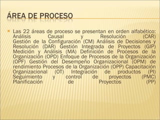 Las 22 áreas de proceso se presentan en orden alfabético: Análisis Causal y Resolución (CAR) Gestión de la Configuración (CM) Análisis de Decisiones y Resolución (DAR) Gestión Integrada de Proyectos (GIP) Medición y Análisis (MA) Definición de Procesos de la Organización (OPD) Enfoque de Procesos de la Organización (OPF) Gestión del Desempeño Organizacional (OPM) de rendimiento Procesos de la Organización (OPP) Capacitación Organizacional (OT) Integración de productos (PI) Seguimiento y control de proyectos (PMC) Planificación de Proyectos (PP) 