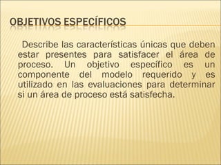 Describe las características únicas que deben estar presentes para satisfacer el área de proceso. Un objetivo específico es un componente del modelo requerido y es utilizado en las evaluaciones para determinar si un área de proceso está satisfecha.  