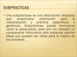 Una subprácticas es una descripción detallada que proporciona orientación para la interpretación y práctica específicos o genéricos. Subprácticas puede formularse como si prescriptivo, pero son en realidad un componente informativo sólo pretende aportar ideas que pueden ser útiles para la mejora de los procesos. 