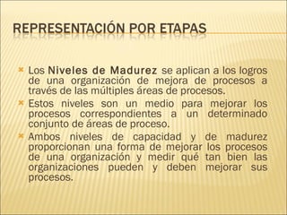 Los  Niveles de Madurez  se aplican a los logros de una organización de mejora de procesos a través de las múltiples áreas de procesos.  Estos niveles son un medio para mejorar los procesos correspondientes a un determinado conjunto de áreas de proceso. Ambos niveles de capacidad y de madurez proporcionan una forma de mejorar los procesos de una organización y medir qué tan bien las organizaciones pueden y deben mejorar sus procesos. 