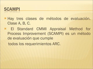 Hay tres clases de métodos de evaluación. Clase A, B, C. El Standard CMMI Appraisal Method for Process Improvement (SCAMPI) es un método de evaluación que cumple todos los requerimientos ARC. 